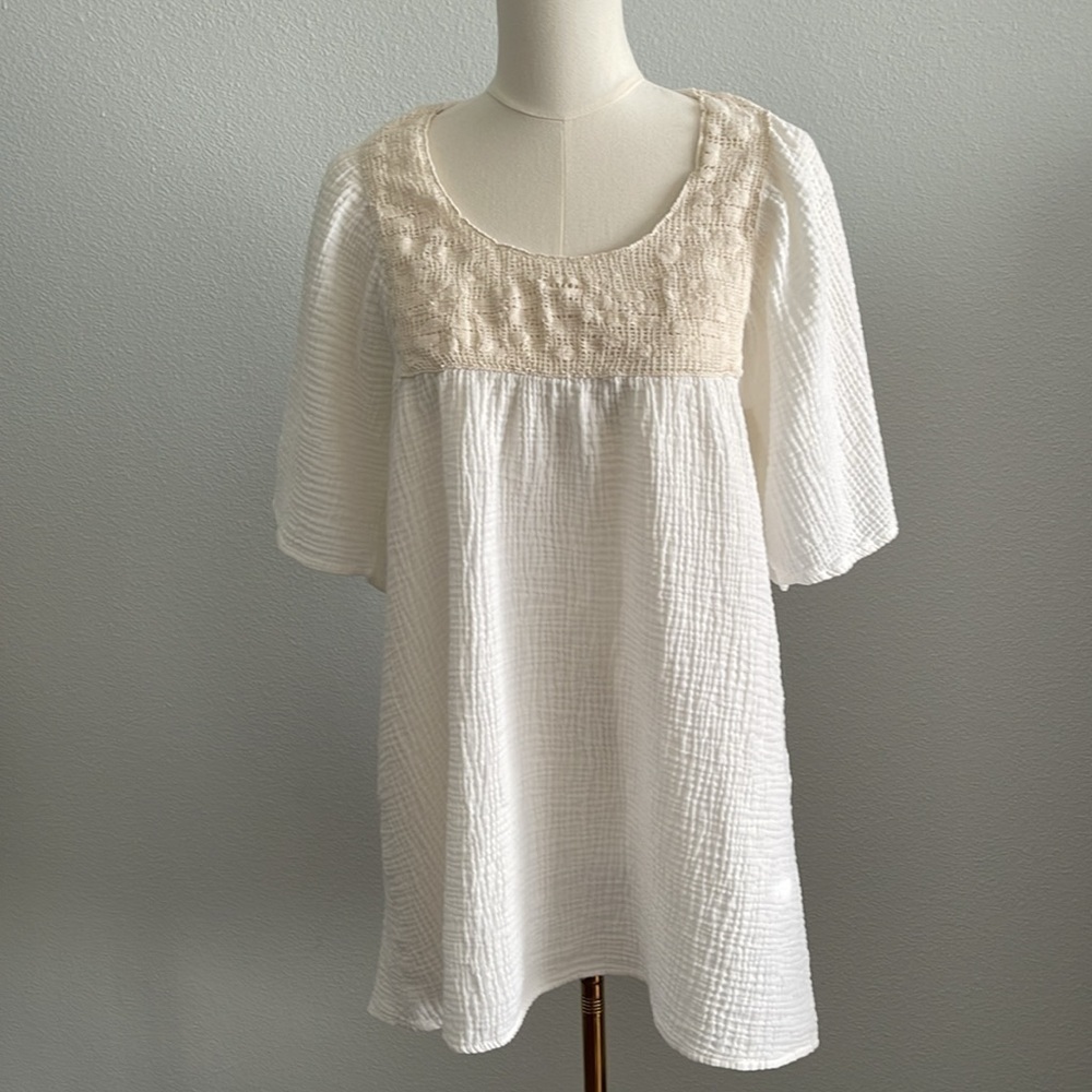Zara Women’s XS Crochet Lace Short Sleeve Ivory Gauze Tunic Boho Top